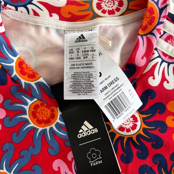 Adidas x FARM Rio NWT Slim Floral Shirt Dress Vivid Red Bliss Pink Small S - Picture 6 of 7